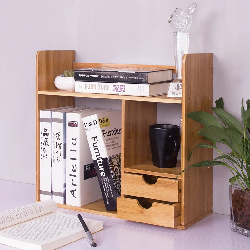 

Natural Bamboo Desktop Bookshelf Countertop Bookcase Office Supplies Desk Storage Organizer Accessories Display Rack Bookshelf