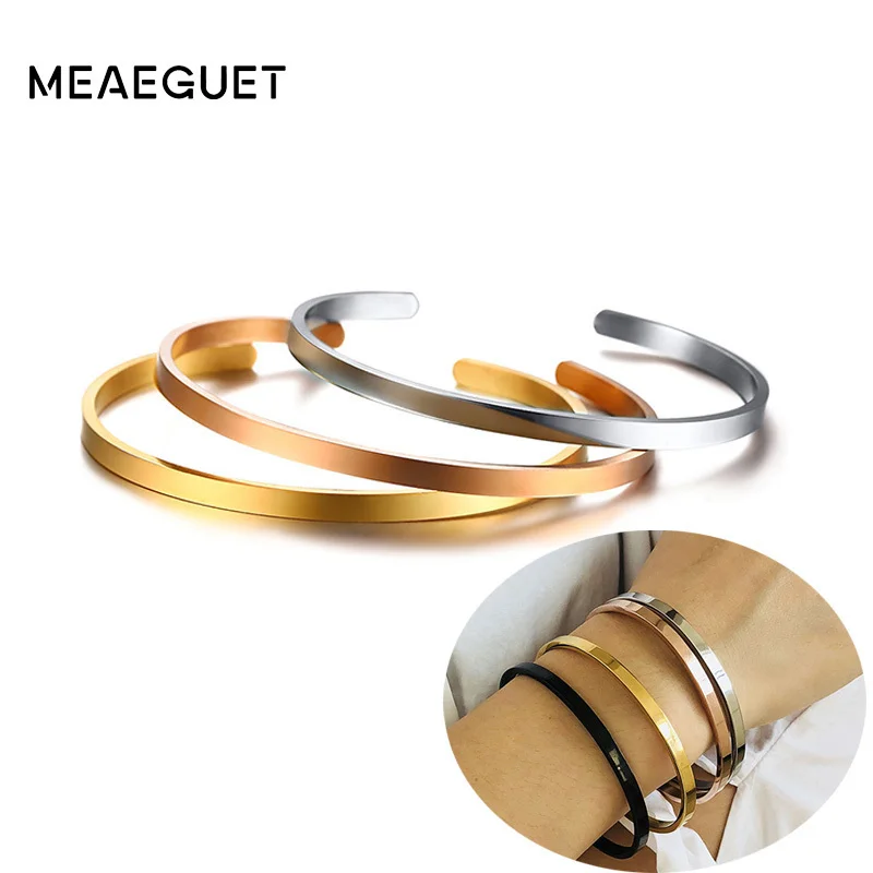 

4mm Thin Charm Cuff Bangles Stainless Steel Bracciali Elegant Gold Black Silver Rose Gold Women Bracelets Pulseira Feminina
