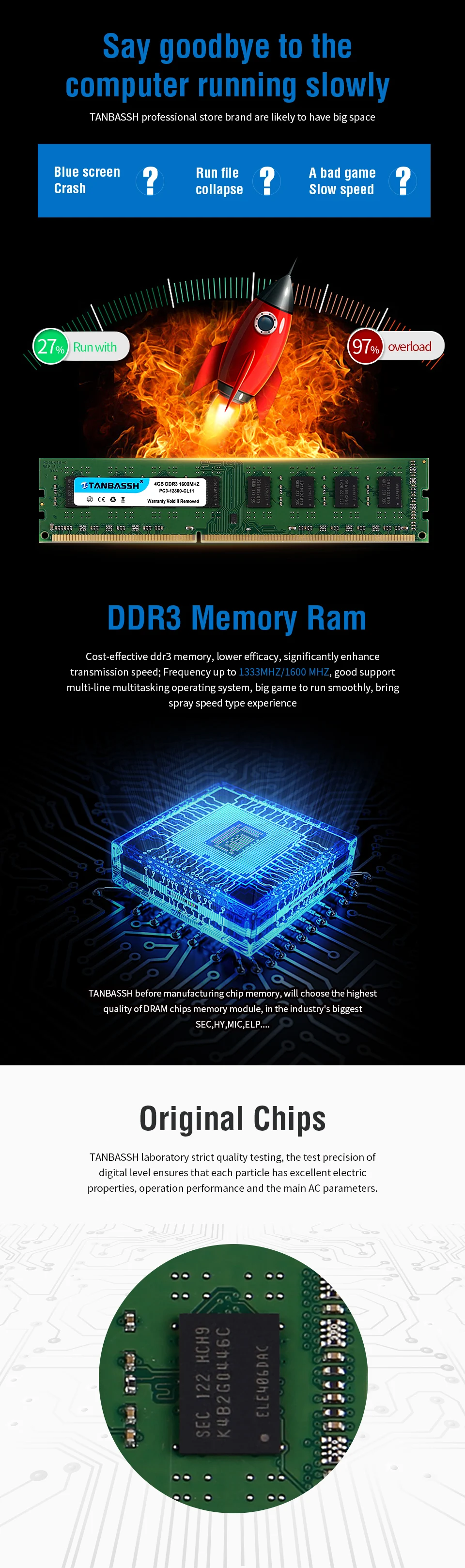 DDR3 Оперативная память 4 ГБ/8 ГБ 1333 МГц/1600 МГц рабочего модуля памяти 240pin 1,5 в DIMM Intel/AMD TANBASSH