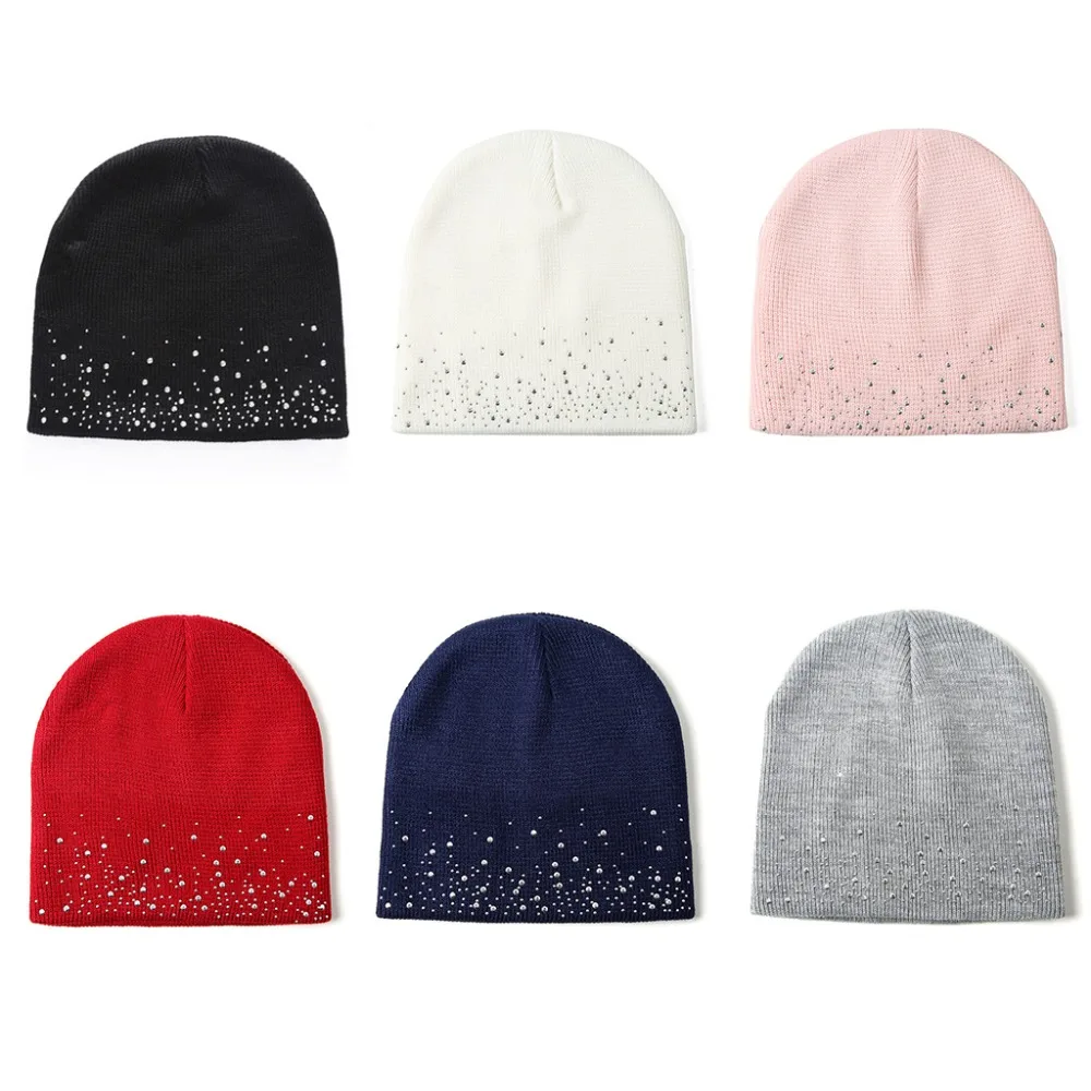 Womens Knitted Beanie Hat Rhinestones Winter Warmer Ski Slouchy Caps Solid Color | Аксессуары для одежды