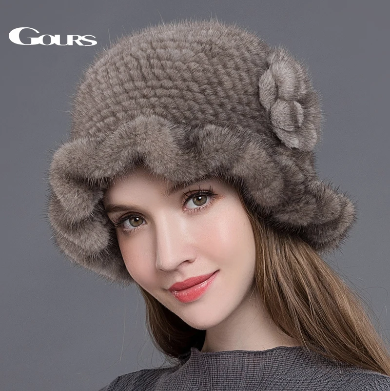 

Gours Fur Hats for Women Knitted Natural Mink Fur Fedoras Thick Warm In Winter Beanies Fashion Caps with Floral New Arrival