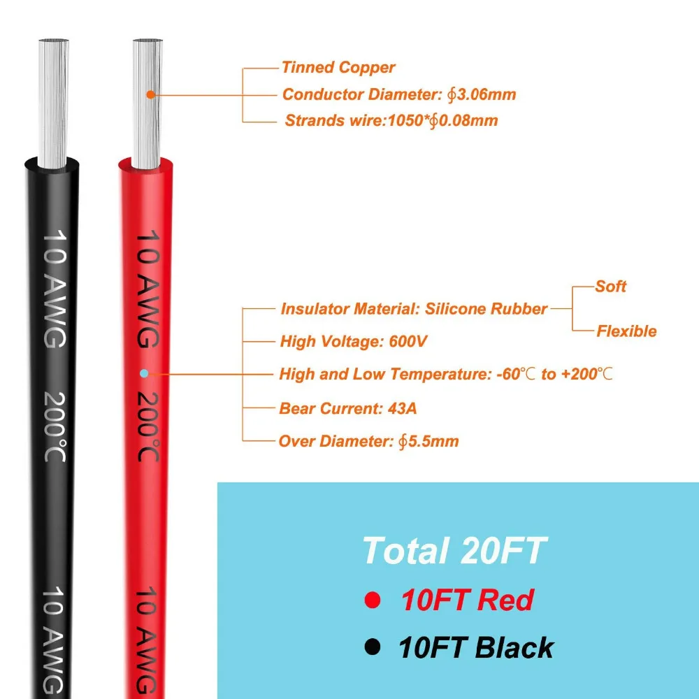 Электрический провод 10AWG 5.26mm2 провода 6 метров [3 м черный и 3 м красный] мягкий и гибкий луженый медный провод высокой температуры