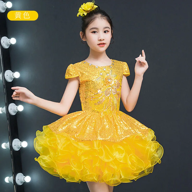 

Cheap Flower Girl Weddings Ball Gown Short Pageant Sequined Flowers Girls Dress for Kids Yellow Party Dresses