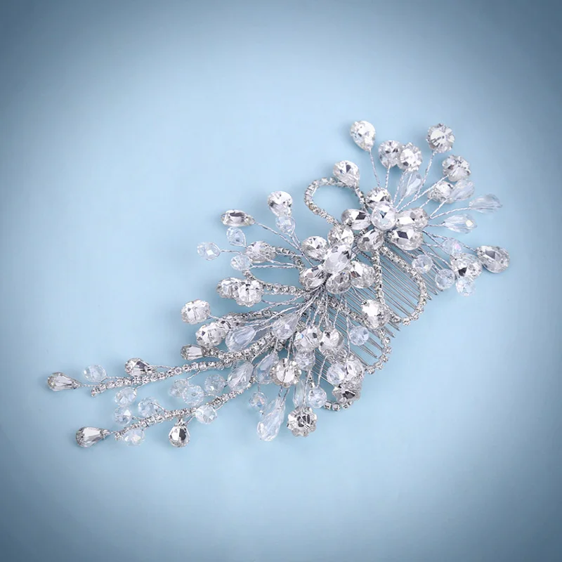 Elegant Handmade Crystal Bridal Tiara Hair Combs Hair Clip Silver Color