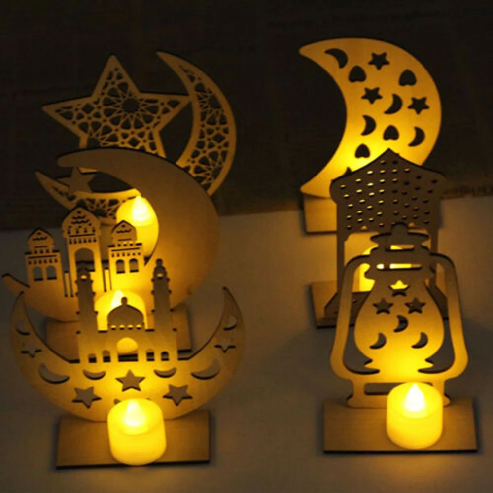 

Home Decoration Small Gift To Friends LED Wooden Plaque Moon Star Eid Mubarak Ramadan Ornament Muslim Decor Pendant