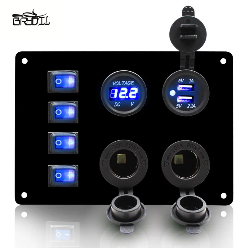 

Dual USB IP67 Waterproof Car Marine Boat DIY 4 Gang Blue LED Toggle Switch Panel 12V 24V Universal