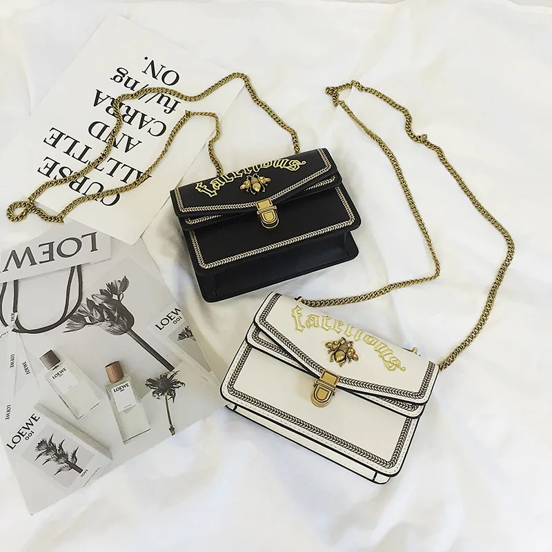 

Razaly brand high quality designer metal buckle pu leather chain totes handbag satchels bag vintage bee letter clutch Embroidery