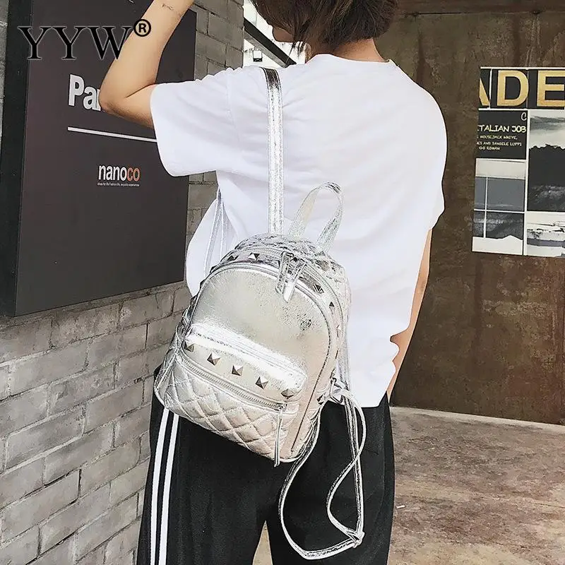 

Silver Plaid PU Leather Small Backpack Female Rivet School Backpacks for Children a case for Phone High Quality Red Lady's Bags