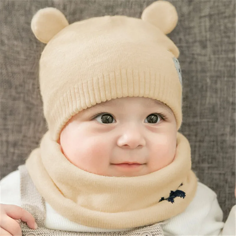 Новорожденный ребенок Шапки вязаная теплая Кепки медведь круглый колпачки машин защищает шапка с ушками для малышей Зимние Кепки s+ наборы с шарфом 2 шт./компл