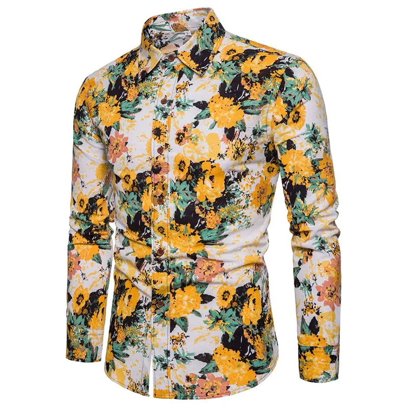 2018 льняные рубашки с принтом хризантемы мужская одежда с длинными рукавами мужские повседневные тонкие рубашки fit Camisa Social Masculina 162134