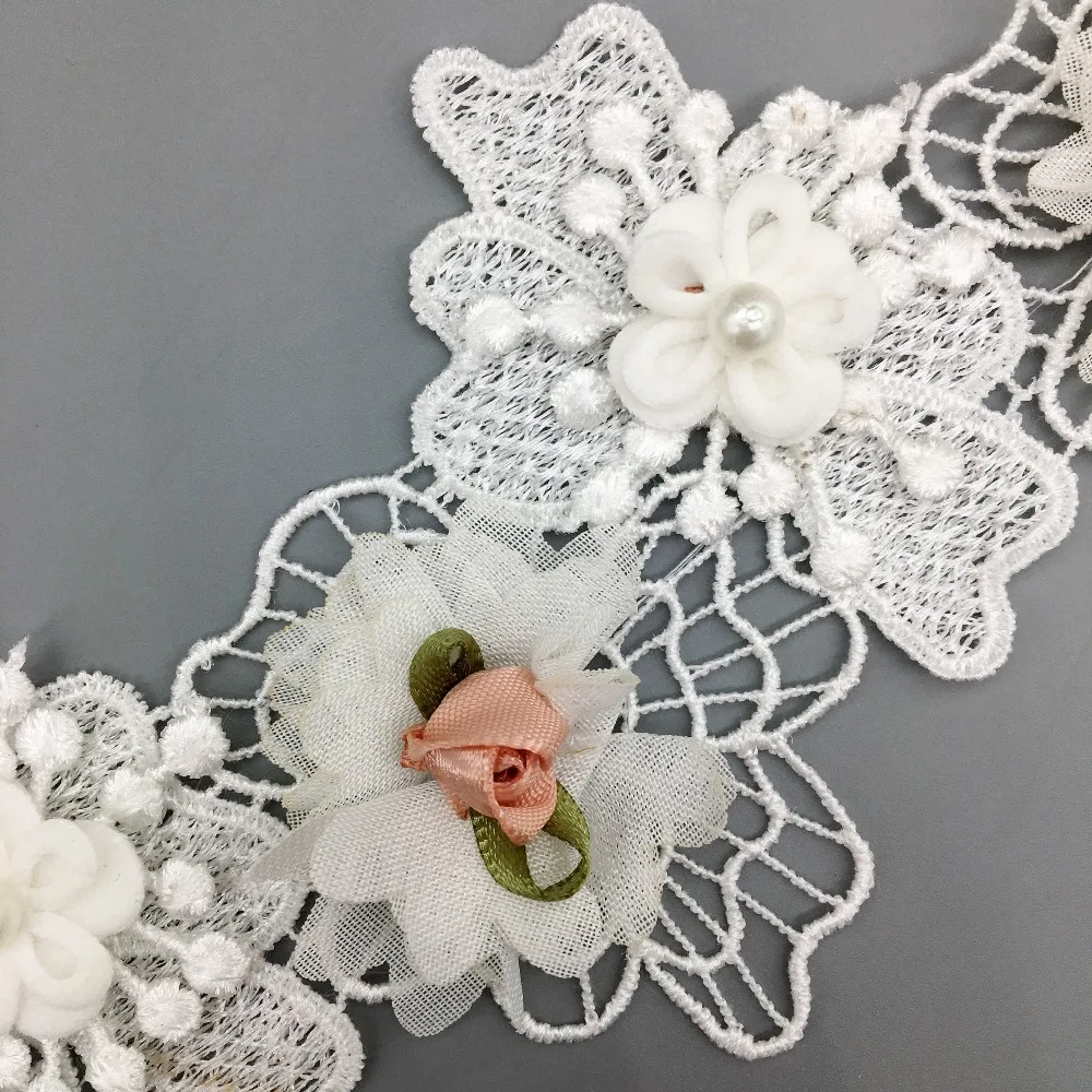 1Yd 3D с цветами роз и жемчугом растворимый Кружевной Край Отделка шифон свадебное платье ткань лента Dentelle швейная вышитая аппликация для рукоделия