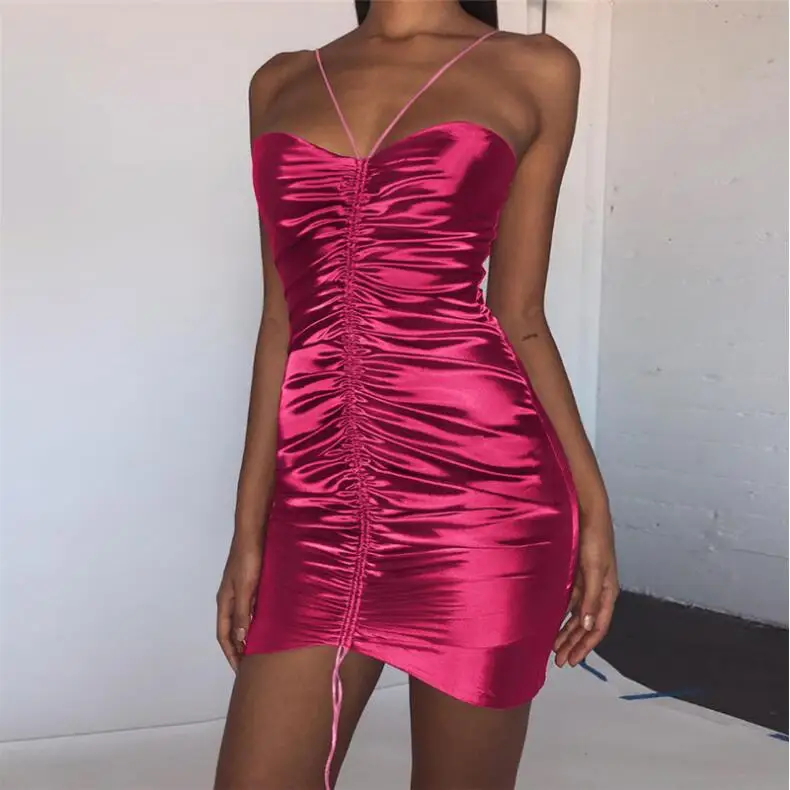 

Red Sexy Spring Bodycon Dress 2019 Women Fashion Halter Drawstring Back Zipper Mini Slim Bag Hip Dress New Arrival