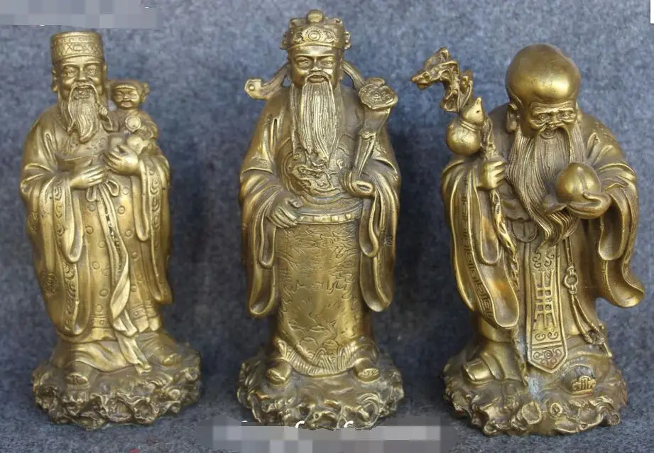 

18CM Old Chinese Pure Bronze 3 Longevity God Fu Lu Shou Immortal Life Statue Set