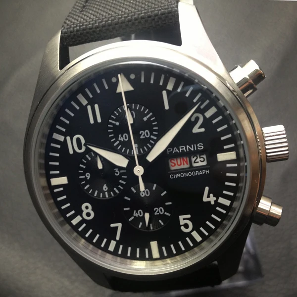 42MM Parnis Day Date Chronograph Quartz Movement Men s Watch Black Straps White Numbers Wristwatch