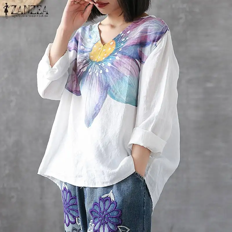 Плюс размер Туника женская блузка с принтом 2019 ZANZEA Kaftan Цветочные белые топы женские рубашки с круглым вырезом и длинными рукавами Blusas