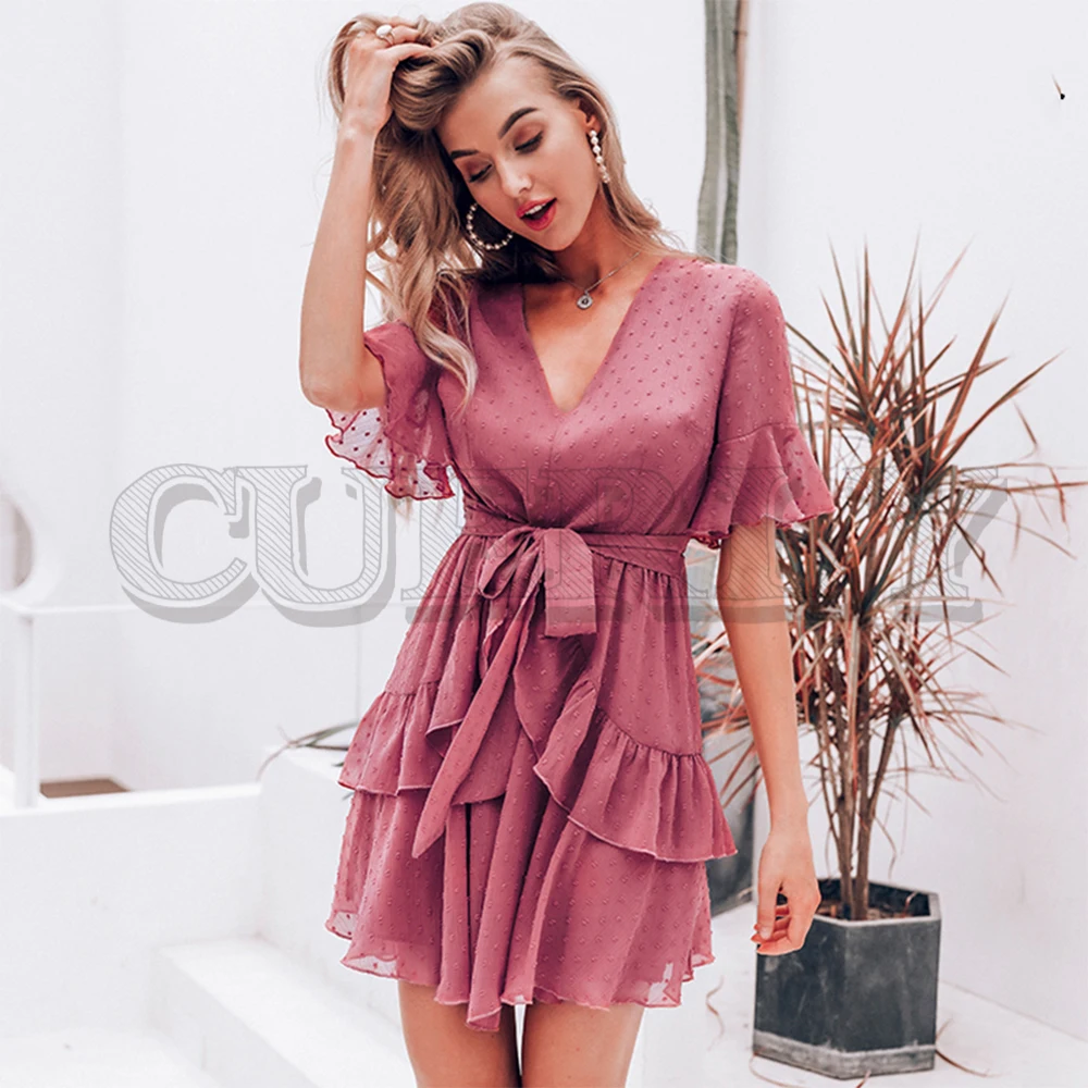 

CUERLY Sexy v-neck polka dot women dress Summer style layer ruffle chiffon short sundress Elegant zipper holiday vestidos 2019