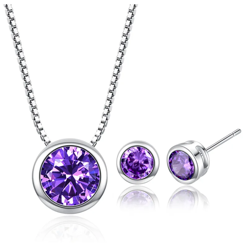 Классический Простой корейский стиль круглый кристалл кулон ожерелье серьги 925 пробы серебряные ювелирные изделия набор для девушки подарки