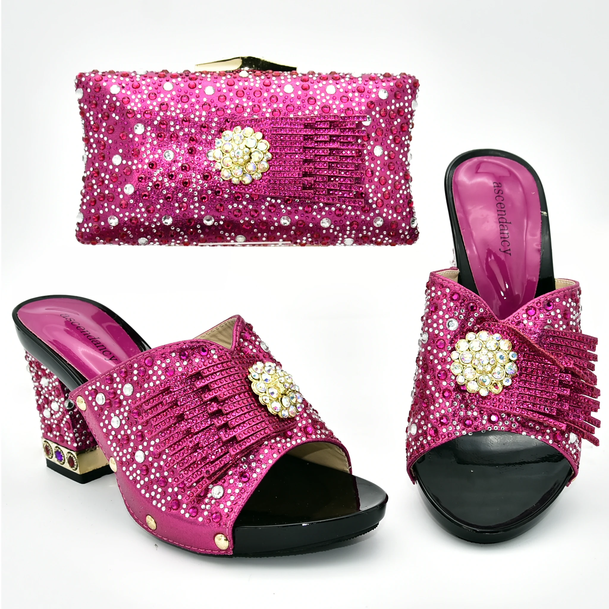 

Free shipping fushia hot pink rhinestones slippers shoes and clutches for african aso ebi italian shoe and bag set SB8395-5