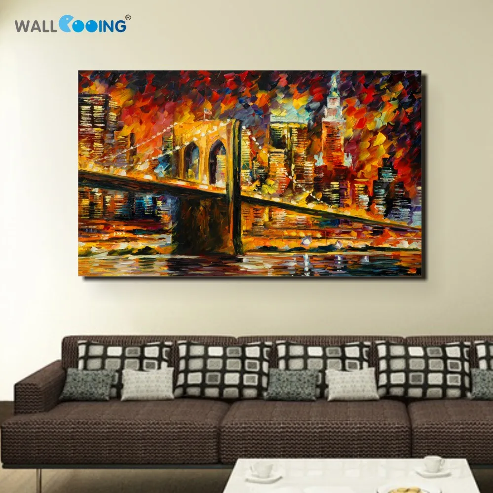 

100% hand-painted landscape oil painting cities canvas art bar cafe on the painting is the Brooklyn bridge in New York pictures