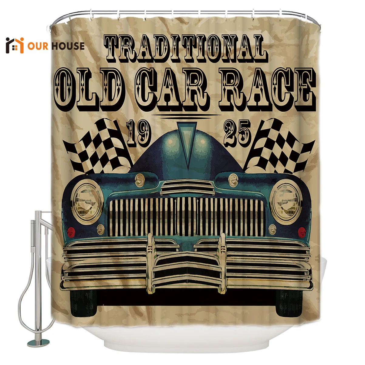

OURHouse Traditional Old Car Race Shower Curtain Fabric Bathroom Liner Sets Childrens Modern Cloth Hotel Rings Funny Home Coo