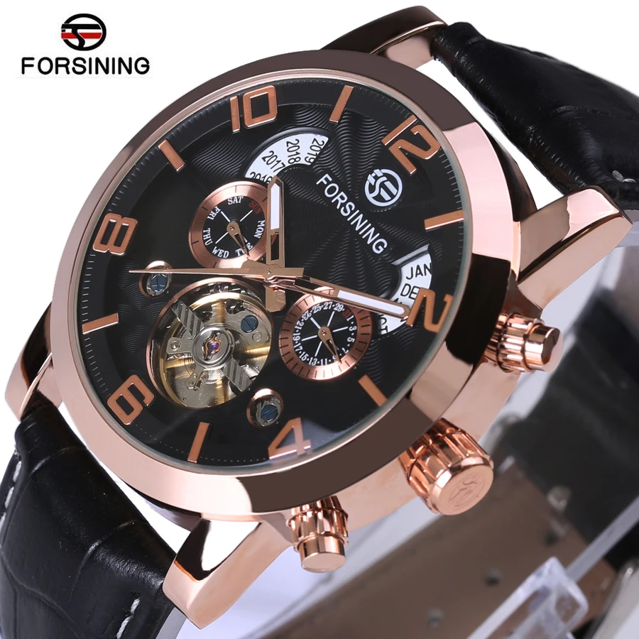 

FORSINING Top Brand Luxury Automatic Watch Rose Golden Case Calendar Male Clock Black Mechanical Watch Tourbillon Mens Watches