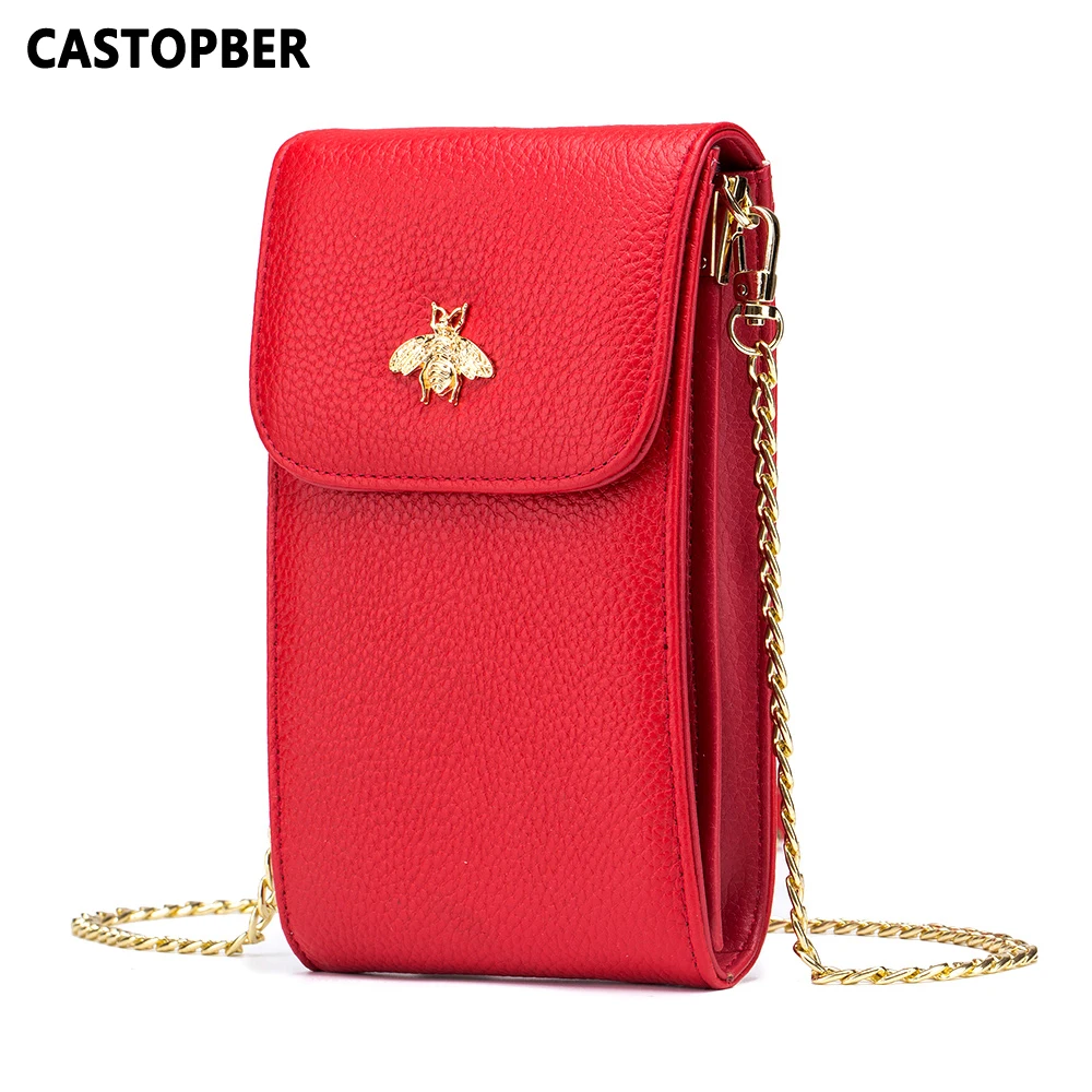 Women Messenger Bags Genuine Leather Crossbody Little Bee Bag Cowhide Chain Mini Cell Phone Bags Flap Ladies Cute Small Brand