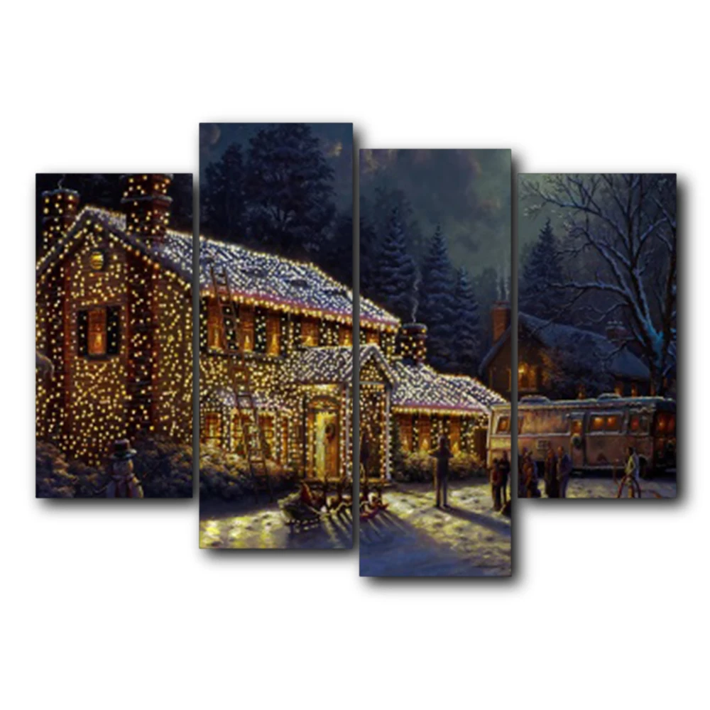 

4 Panel Forest Cottage Outside Posters and Prints Vintage Canvas Painting Wall Art Picture Living Room Bedroom Wedding No Frame