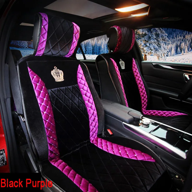 

Fashion Stud Crystal Plush Car Seat Cushion Universal Winter Bling Rhinestone Crown Auto Seat Covers for Women Purple, Black
