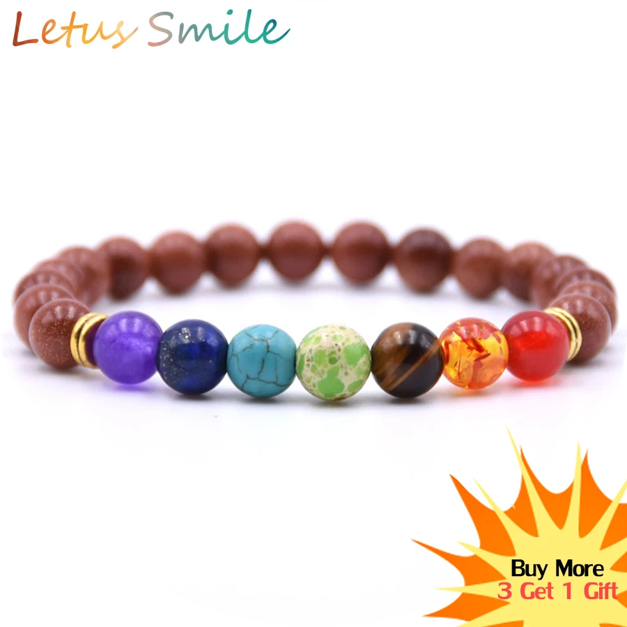 

Goldstone 7 Chakra Strand Bracelets Women Gold Sand Healing Yoga Beaded Bracelet Fashion Lovers Rainbow Jewelry Braslet Pulseras