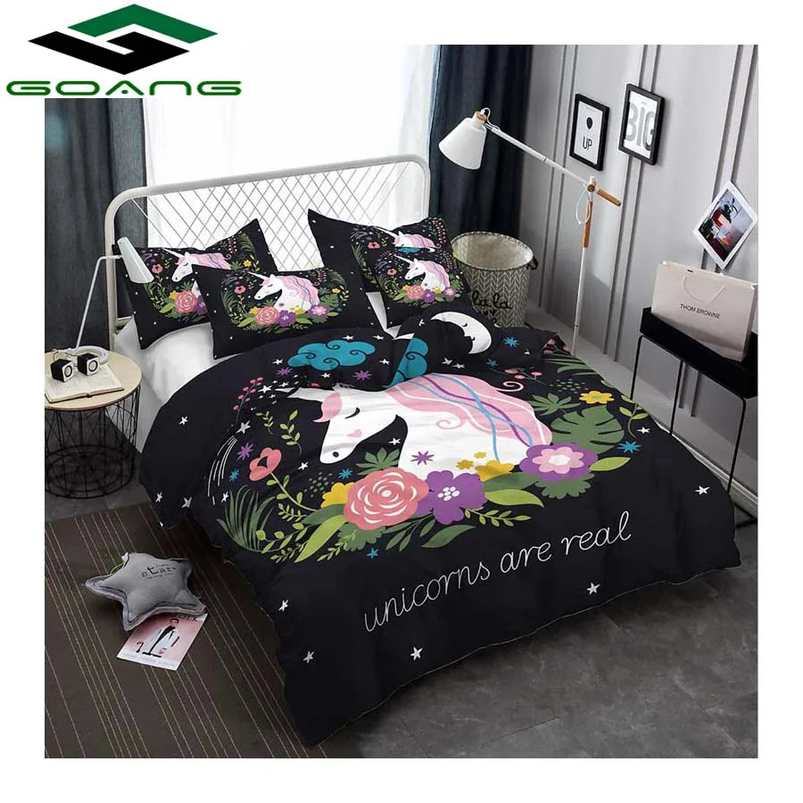 

GOANG 3D Digital Printing unicorn Bedding Sets for Birthday party gift 100% Microfiber black Background Children room decoration