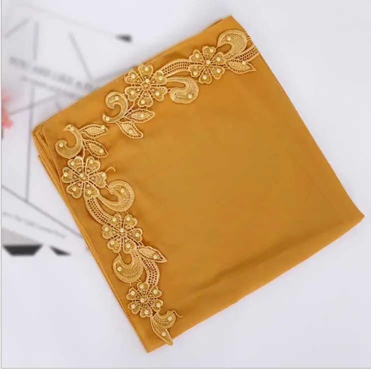 Модный Малайзийский шифоновый квадратный шарф, сплошной мусульманский хиджаб, изысканная аппликация, квадратный платок, Женский тюрбан Musulman 115x115 см - Цвет: 20 ginger yellow