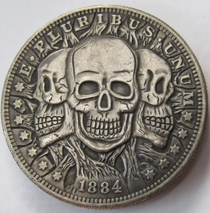 

HB(09) US 1884 Morgan Dollar Three Heads Skull Zombie Skeleton Hand Carved Copy Coins High quality