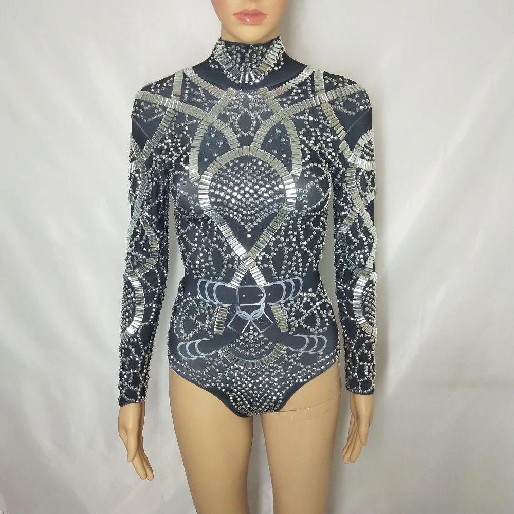 European Nightclub DJ Singer Female Costume Sparkly Silver Black Rhinestones Bodysuit Stage Wear Jazz Dance Team Elastic Leotard body suits for women