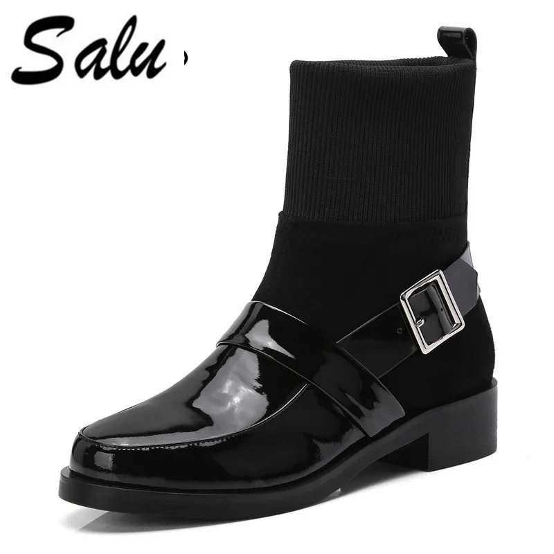 

Salu Cow Leather Women Ankle Boots Fashion Square High Heel Round Toe Design Women Motorcycle Boots Size 34-39