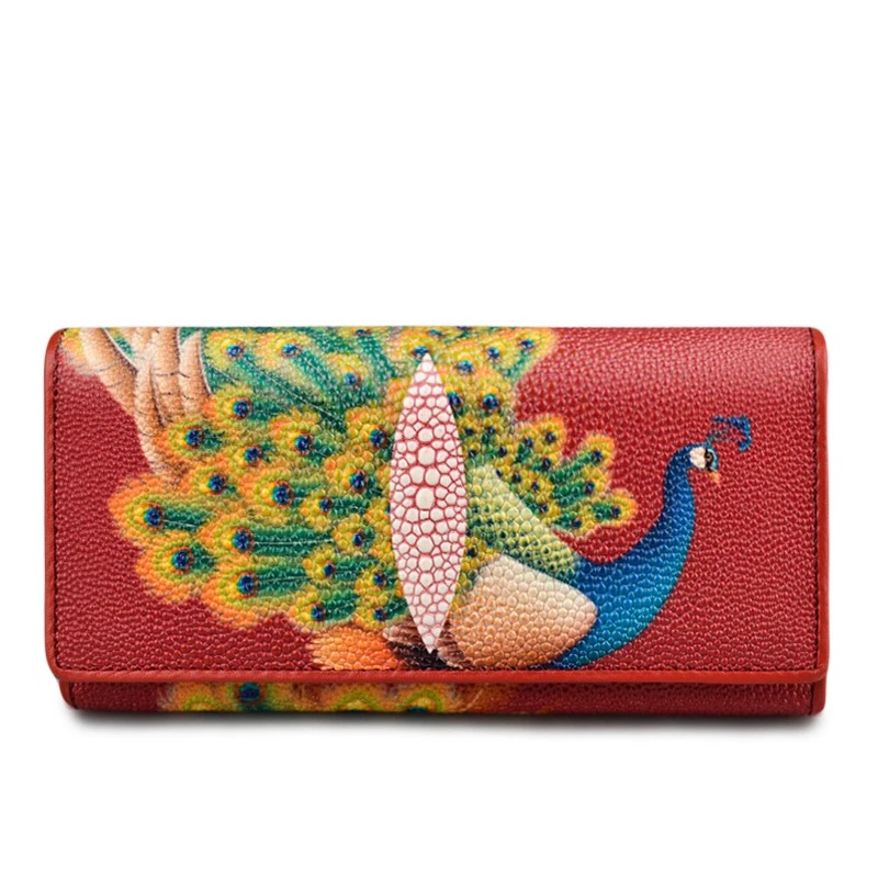 

Women Genuine Leather Purses Long Wallets Designer Stingray Peacock Printing Clutch Purse Lady Party Coin Card Holder Wallet