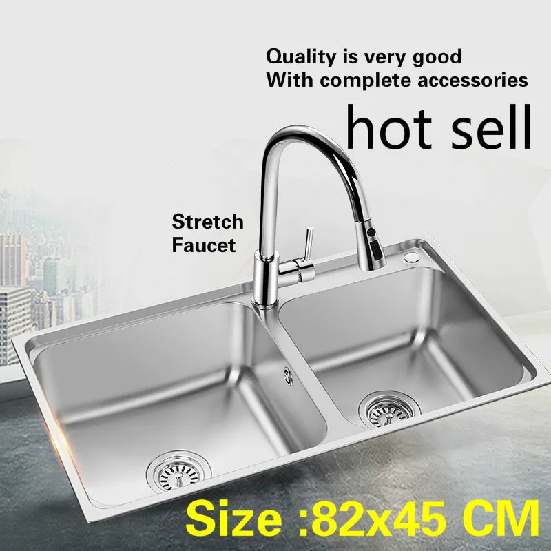 

Free shipping Household standard kitchen double groove sink wash the dishes 304 stainless steel big hot sell 820x450 MM