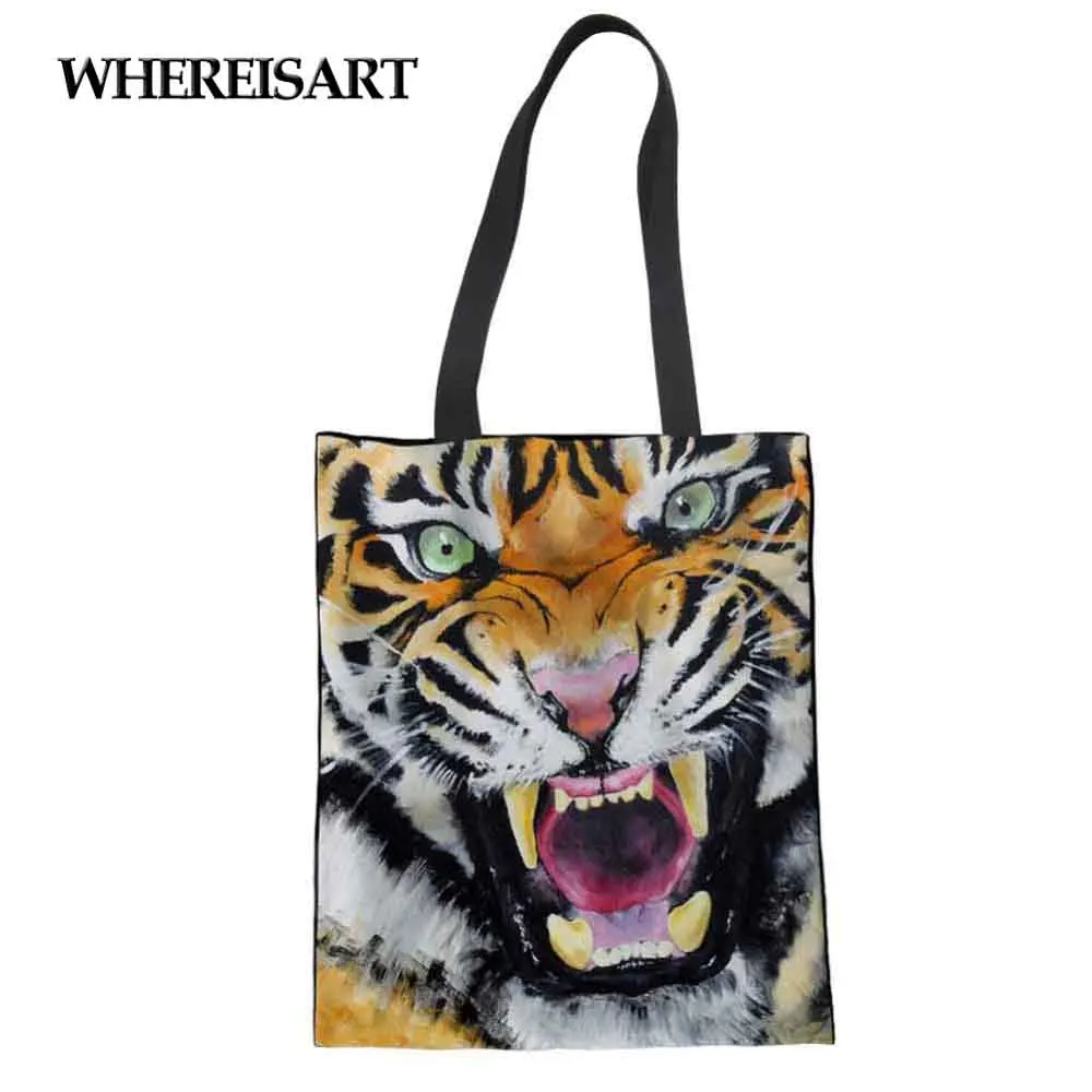 WHEREISART Тигр Лев женская большая сумка для покупок Холст сумка через плечо для девочек-подростков милые таксы принт пляж