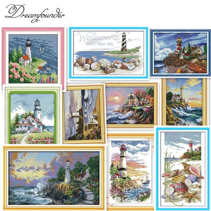 

Lighthouse (4) cross stitch kit sea side 14ct count printed canvas 11ct fabric x stitching embroidery DIY handmade needlework