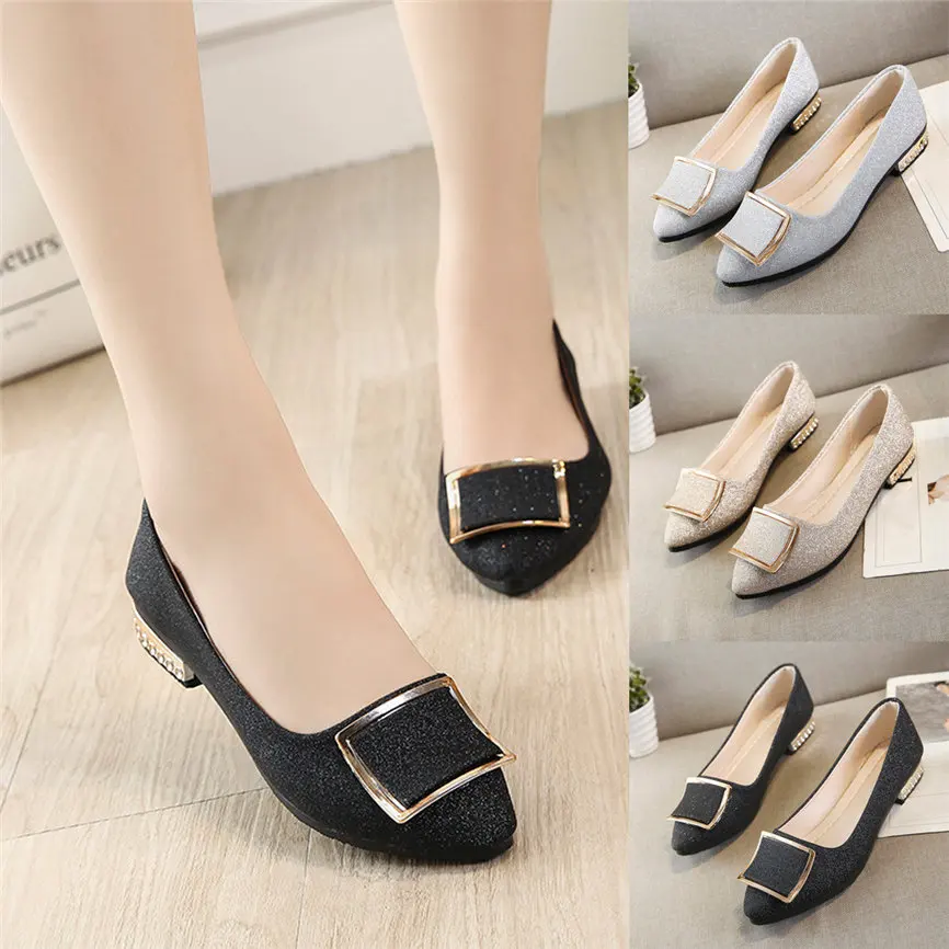 

Shoes Women Women Sequins Shallow Square Buckle Slip On Low Heel Shoes Pointed Single Shoes Lady leather Thick Single ShoeA#18