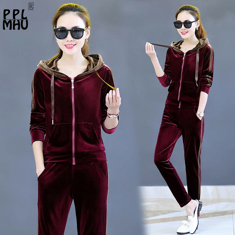 

Plus Size 3XL Two Piece Sets Hooded Zip Velvet Sportswear Women Casual Loose Soft Tracksuit High Elastic Tops And Pants 2019 New