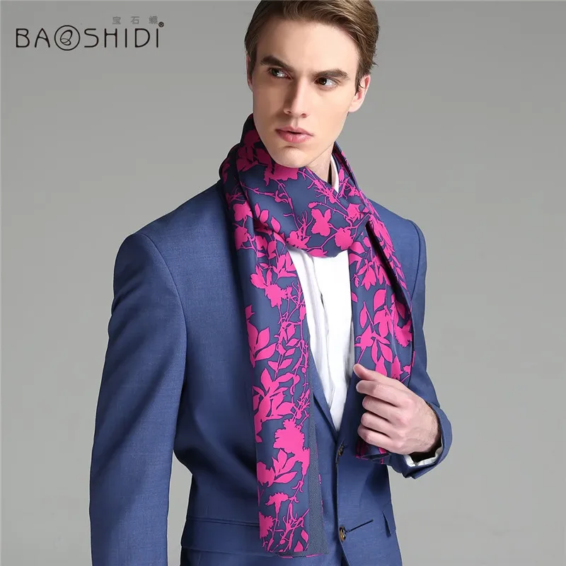 [BAOSHIDI] Мужской Шелковый шерстяной двусторонний шарф, одна сторона твил с шелковым принтом, другая сторона шерсть окрашенная, получить Карманный шарф бесплатно