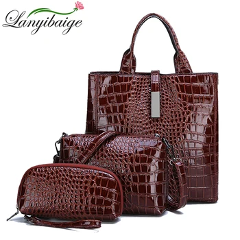 

New Ladies HandBags Brand 3-piece Woman Big Tote Shoulder Bag Luxury Crocodile Pattern Leather Lady Messenger Bag With Wallet