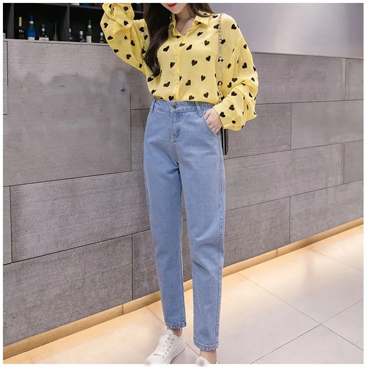 2018 Autumn Women Blue High Waist Loose Jeans Casual Mom Boyfriend Jeans Pencil Pants Black Pockets Button Denim Pants Jeans