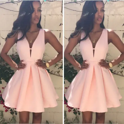 

New Fashion Women Summer Clothing Casual Ball Gown Sleeveless V Neck Pink Short Mini Dress Ladies