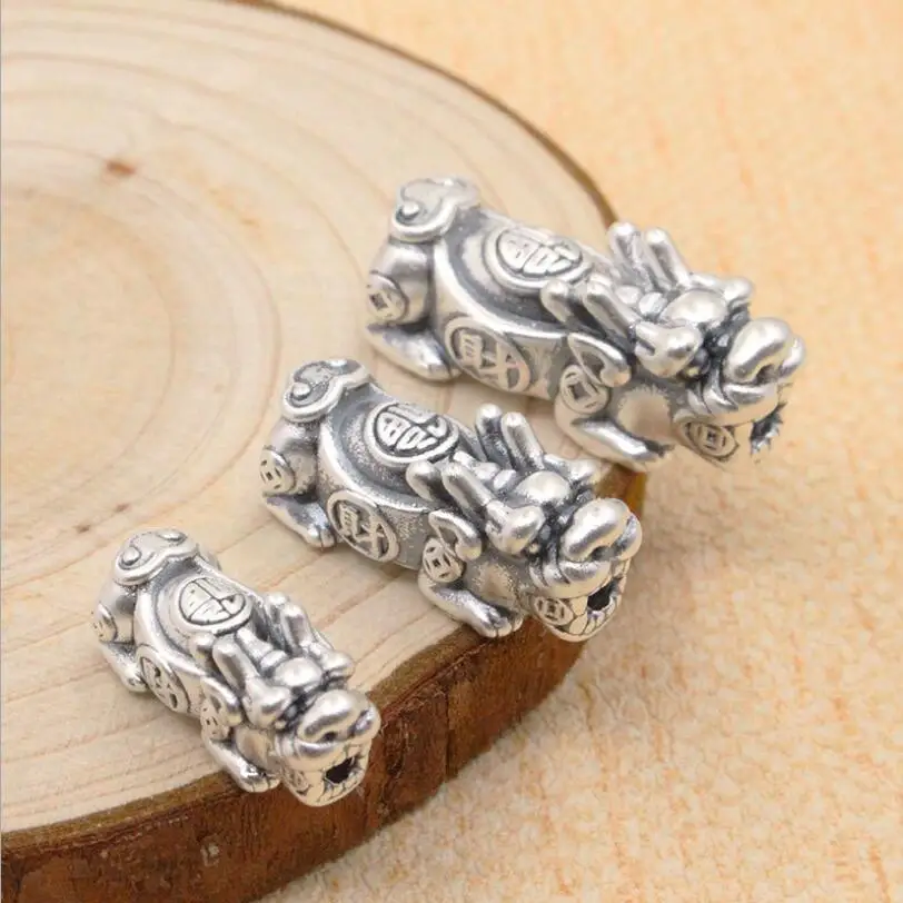 

100% 3D 999 Silver Fengshui Pixiu Beads Vintage Pure Silver Good Luck Jewelry Beads DIY Bracelet Beads Lucky Beast Wealth Pixiu