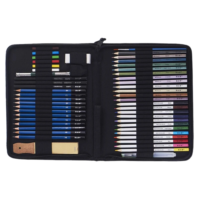 H&B 51Pcs/Set Professional Drawing Kit Wood Pencil Sketching Pencils Art Sketch Painting Supplies With Carrying Bag