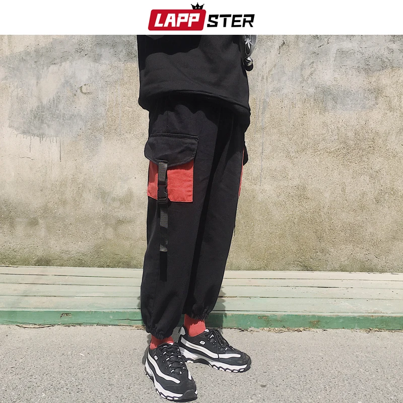 

LAPPSTER Men Steetwear Cargo Pants 2019 Overalls Color Block Pockets Joggers Ribbons Hip Hop Sweatpants Baggy Black Trousers