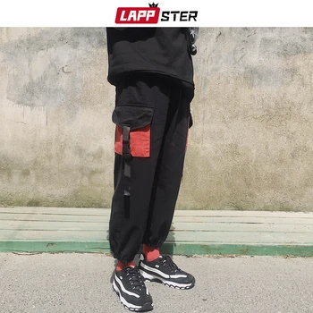

LAPPSTER Men Steetwear Cargo Pants 2020 Overalls Color Block Pockets Joggers Ribbons Hip Hop Sweatpants Baggy Black Trousers