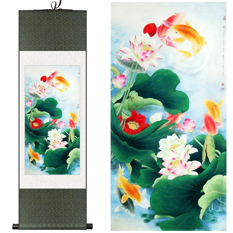 

Chinese Silk ink watercolor Lotus fish goldfish carp flower art canvas wall picture feng shui damask framed scroll painting gift