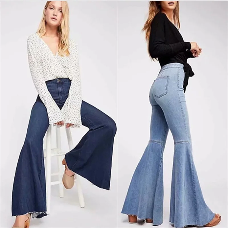 2019 женские осенние растягивающиеся джинсы с высокой талией модные синие обтягивающие длинные джинсовые сексуальные расклешенные широкие